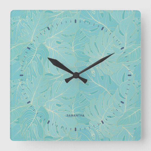 Horloge Carrée Light blue tropical palm leaves pattern (Recto)
