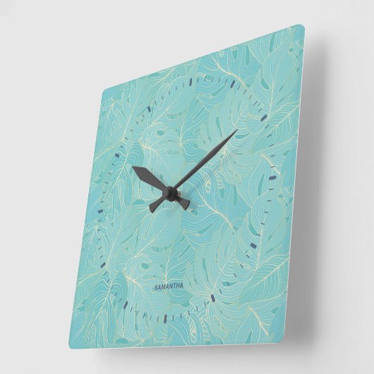 Horloge Carrée Light blue tropical palm leaves pattern (Angle)