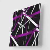 Horloge Carrée Lignes Abstraites violettes et blanches en noir (Angle)