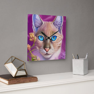 Horloge Carrée Lilac Lynx pointe Chat siamois dans le violet