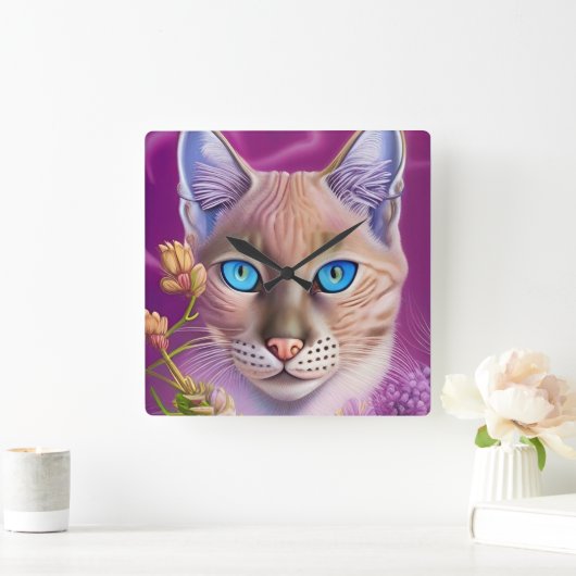Horloge Carrée Lilac Lynx pointe Chat siamois dans le violet (Maison)