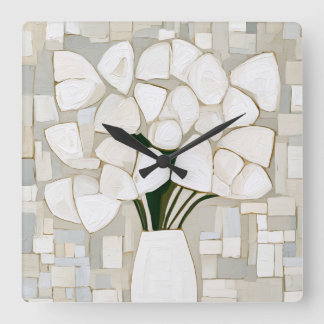 Horloge Carrée Liliums blancs dans un vase en mosaïque
