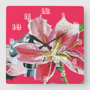 Horloge Carrée Lily Rouge Lis Art de Fleur Aquarelle Fleur