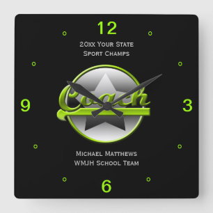 Horloge Carrée Lime Star Coach Name and School Square Clock