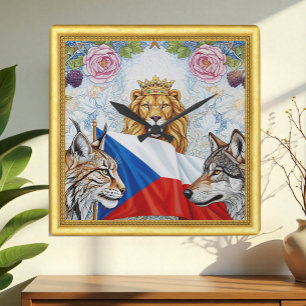 Horloge Carrée Lion tchèque patriotique, Lynx, Wolf Art Nouveau
