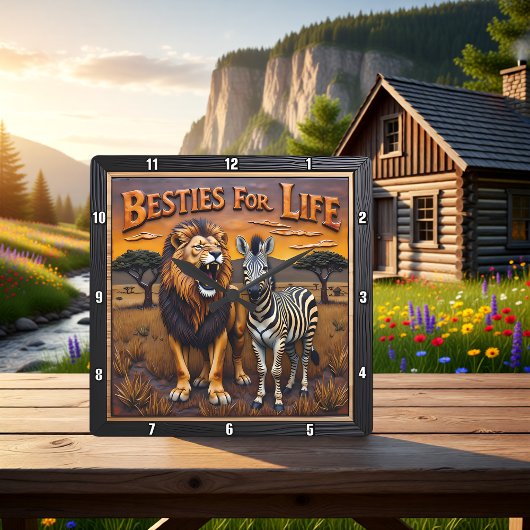 Horloge Carrée Lion Zebra Savanna Besties