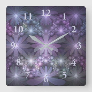 Horloge Carrée Lit de fleurs tendance brillant art fractal abstra
