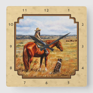 Horloge Carrée Little Cowgirl on Cattle Horse Yellow