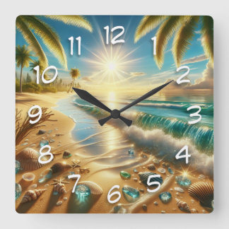 Horloge Carrée Littoral magique avec Vagues Bleues et Verre de Me