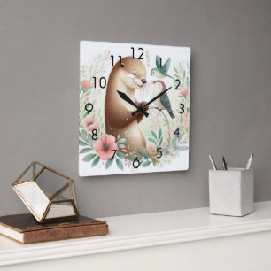 Horloge Carrée Livre D'Histoire Bébés Bois Otter Et Oiseaux