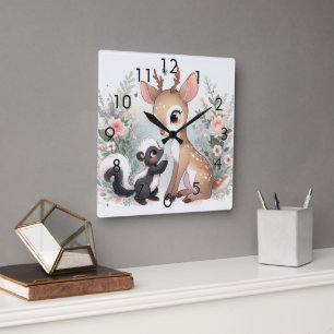 Horloge Carrée Livre D'Histoire Bois Bébés Skunk Et Cerfs