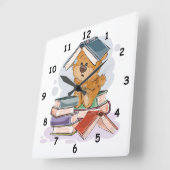 Horloge Carrée Livres De Lecture D'Ours Cartoon Cute (Angle)
