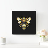 Horloge Carrée Logo Faux Gold Foil Bee Polygonal sur Noir (Maison)