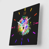 Horloge Carrée Loup à éclaboussure couleur aquarelle (Angle)