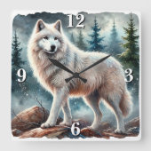 Horloge Carrée Loup blanc majestueux en forêt d'hiver (Recto)
