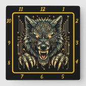 Horloge Carrée Loup Cyber néon brillant (Recto)