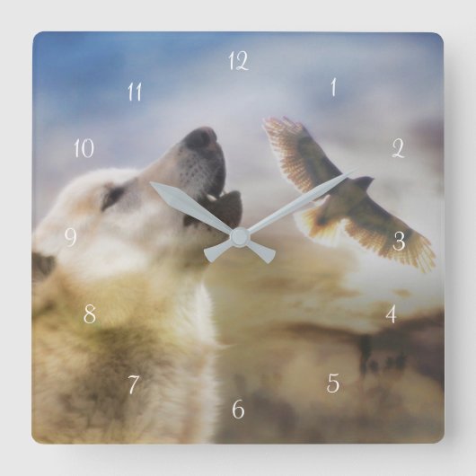 Horloge Carrée Loup d'Amérique et faucon de la queue rouge (Recto)