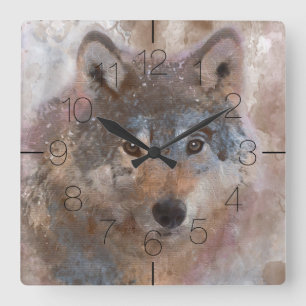 Horloge Carrée Loup dans l'aquarelle