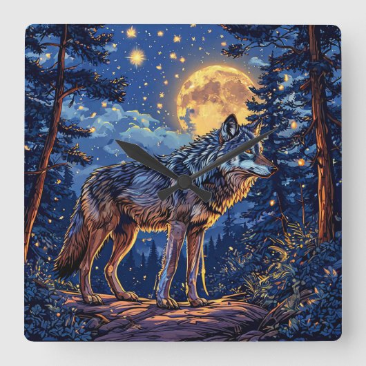 Horloge Carrée Loup en forêt (Recto)