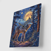 Horloge Carrée Loup en forêt (Angle)
