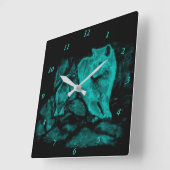 Horloge Carrée Loup et corbeau dans la nuit (Angle)
