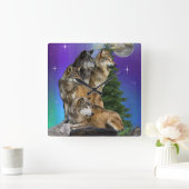 Horloge Carrée Loup et Lune (Maison)