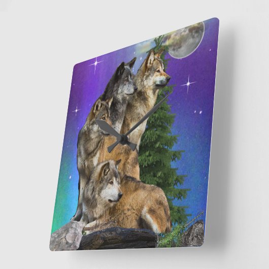 Horloge Carrée Loup et Lune (Angle)