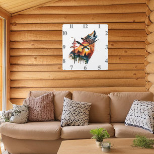 Horloge Carrée Loup hurlant double exposition coucher de soleil