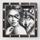 Horloge Carrée Loup Indien Noir et blanc (Recto)