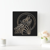 Horloge Carrée Loup solitaire hurlant Élégant gris argenté noir (Maison)