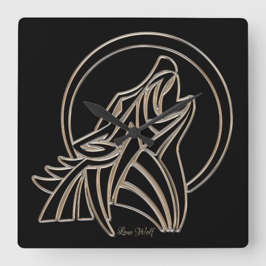 Horloge Carrée Loup solitaire hurlant Élégant gris argenté noir (Recto)