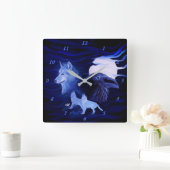 Horloge Carrée Loups et corbeau avec pleine lune (Maison)