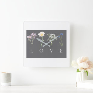 Horloge Carrée LOVE Floral – Impression botanique romantique