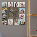 Horloge Carrée Love is a Wonderful Thing quota 12 Photo Wood<br><div class="desc">Photo clock with happy quote and 12 of your favorite pictures of family and friends. The photo template is set up for you to create your own grid photo collage to frame the quota reads "love is a wonderful thing". The design is lettered in elegant handwritten script and skinny font...</div>