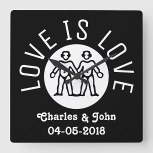 Horloge Carrée Love is Love Typographie Gay pride LGBT Black Whit