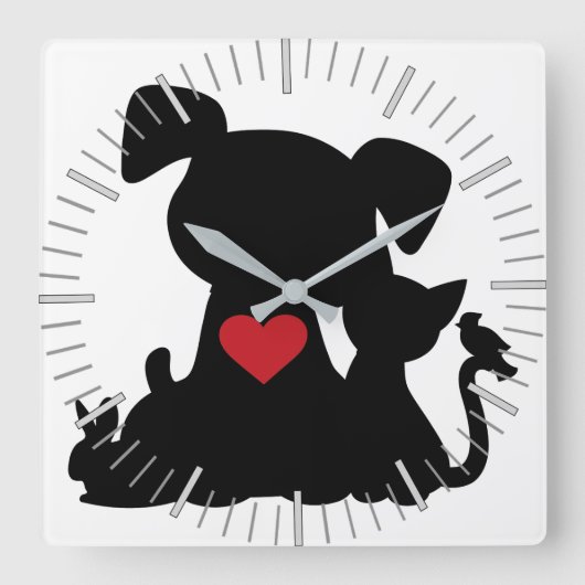 Horloge Carrée Love Puppy et Kitten Silhouette (Recto)