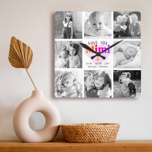 Horloge Carrée Love You Mimi 8 Photo Collage Bold Modern Graphic