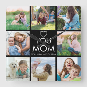 Horloge Carrée Love You Mom Family Photo Collage Coeur Carré Wal