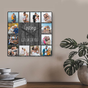 Horloge Carrée Loving Life with You Quote 12 Photo Grey Wood