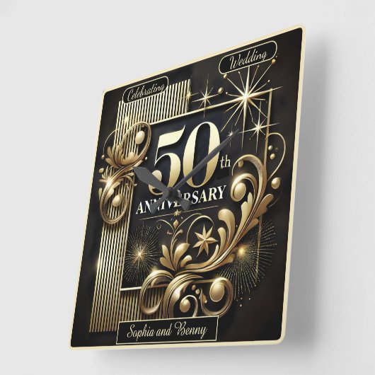 Horloge Carrée Lueur dorée : 50e anniversaire (Angle)