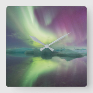 Horloge Carrée Lumières d'Aurora dans la lagune Jokulsarlon, Is