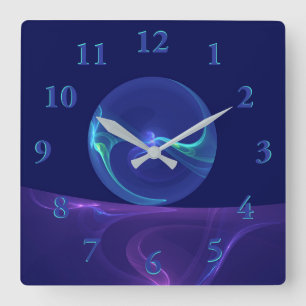 Horloge Carrée Lumineuse Bleu Violet Rêve Abstrait Fractal Art
