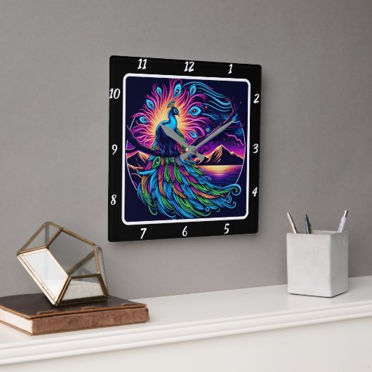 Horloge Carrée Luminosité vive du paon (Bureau)