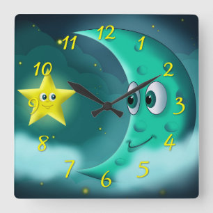 Horloge Carrée Lune bleue et étoile jaune
