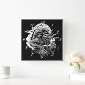 Horloge Carrée Lune de loup-garou monochrome (Maison)