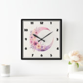 Horloge Carrée Lune rose Croissant avec de jolies fleurs (Maison)