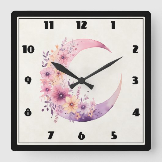 Horloge Carrée Lune rose Croissant avec de jolies fleurs (Recto)