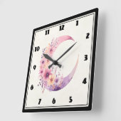 Horloge Carrée Lune rose Croissant avec de jolies fleurs (Angle)