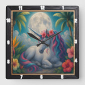Horloge Carrée Lune Unicorne Fleurs tropicales (Recto)