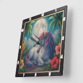 Horloge Carrée Lune Unicorne Fleurs tropicales (Angle)